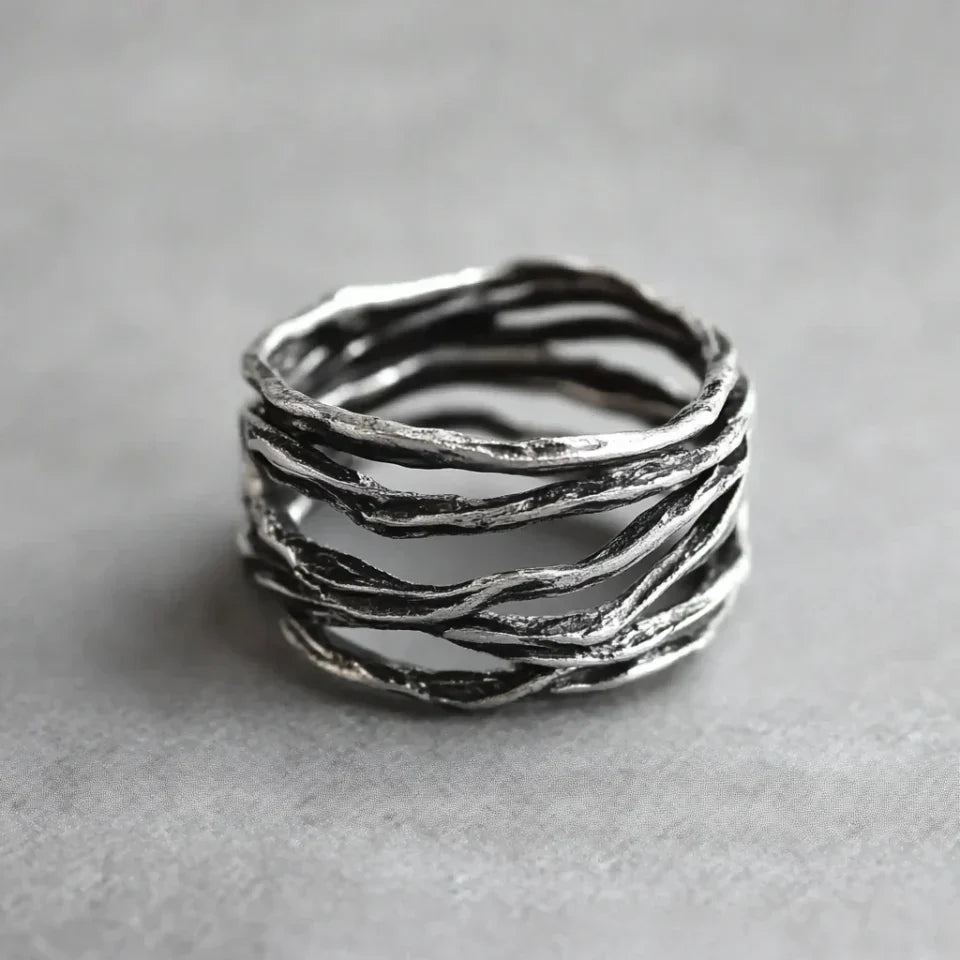 Minimalist Multi-Layered Silver Ring in Vintage Style