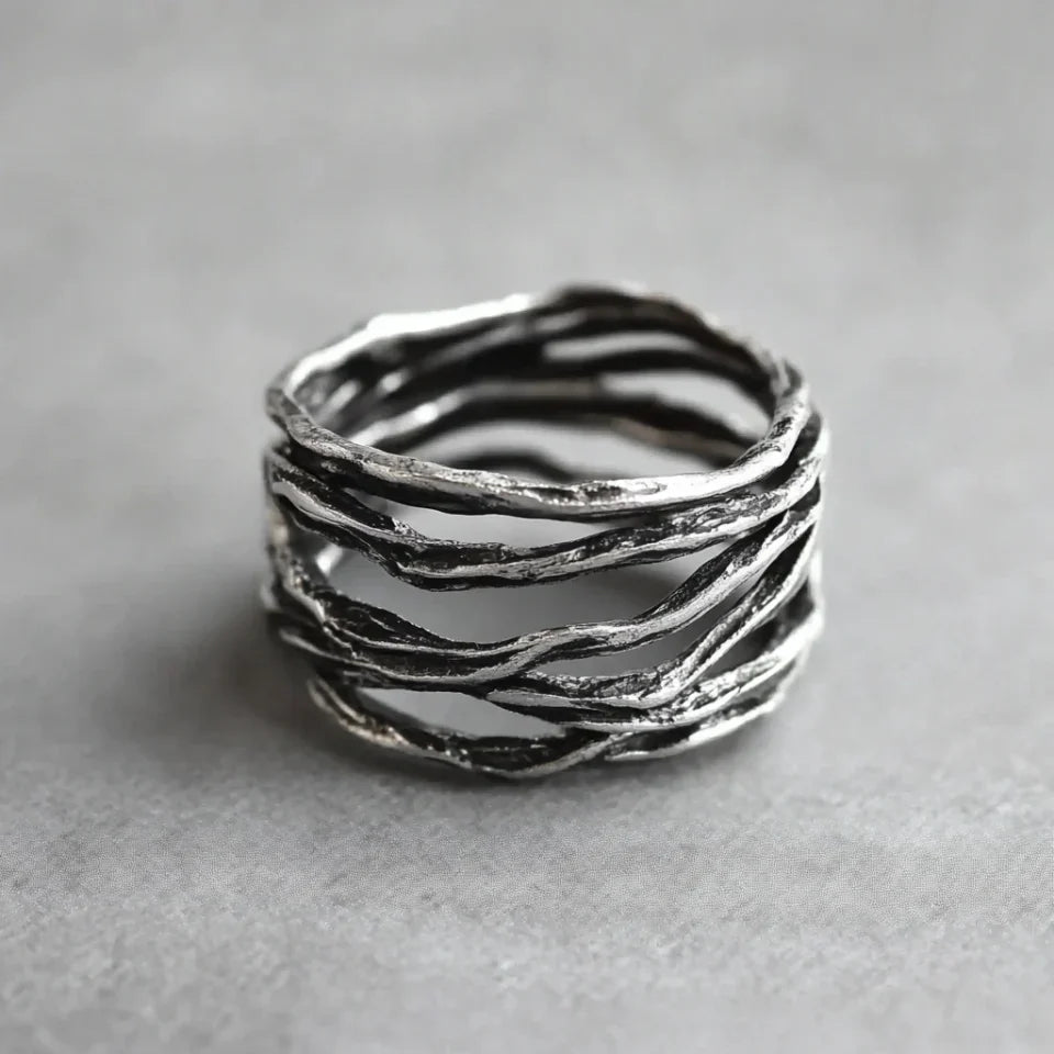 Minimalist Multi-Layer Silver Ring in Vintage Style