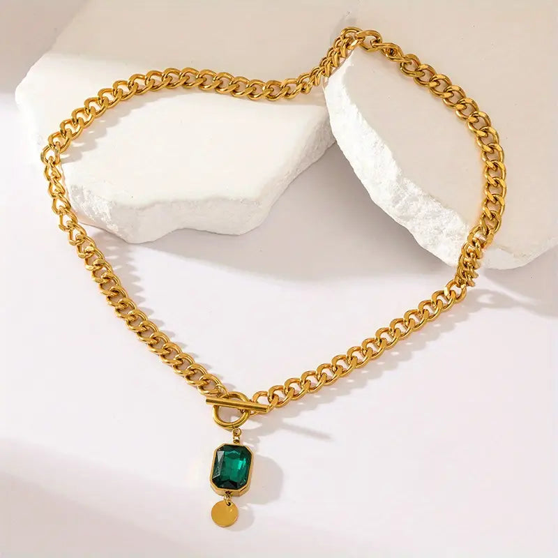 Massive Chain Necklace with Emerald Pendant | Gold