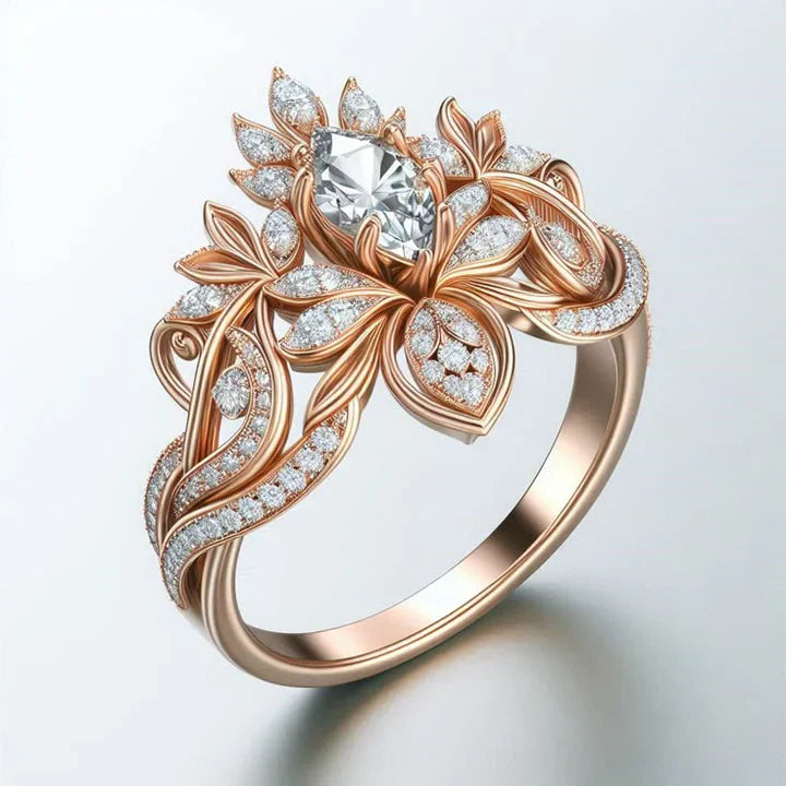 Exotic Flower Crown Zirconia Gold Ring