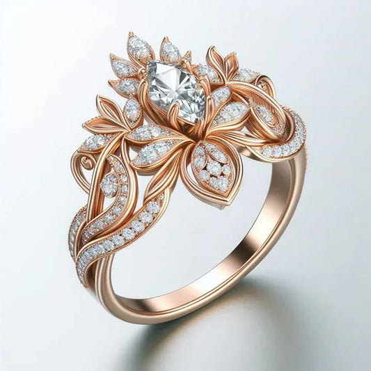 Exotic Flower Crown Zirconia Gold Ring