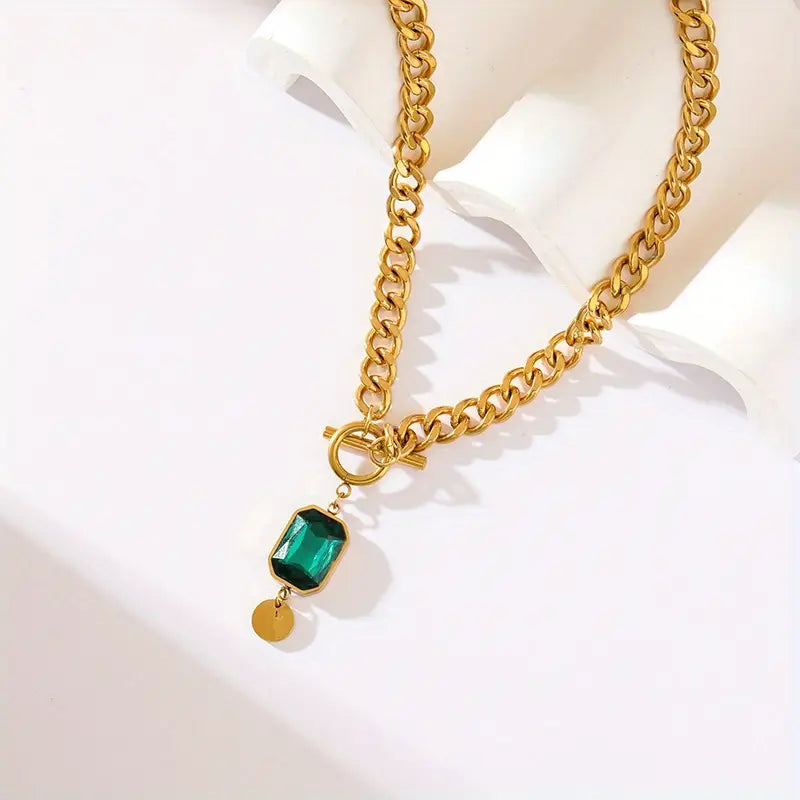 Massive Chain Necklace with Emerald Pendant | Gold