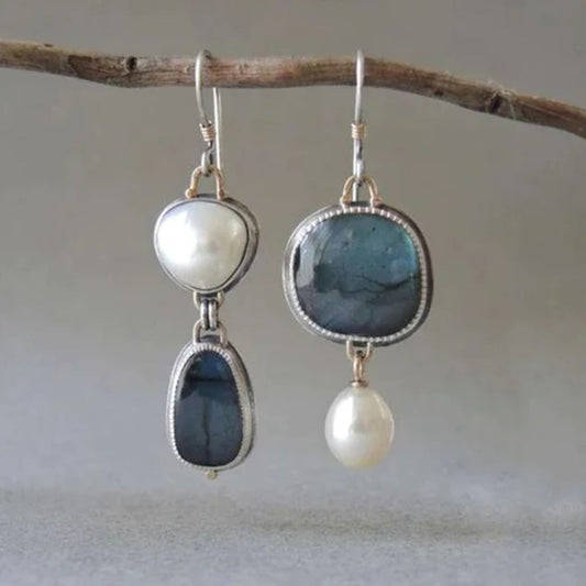 Vintage Blue Natural Stone with Beads Earrings