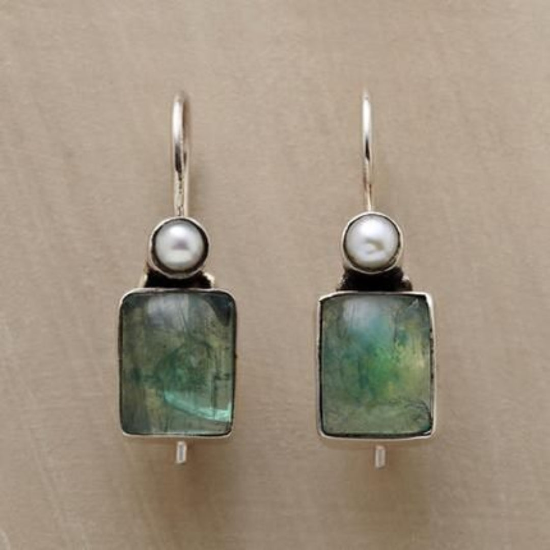 Vintage Green Stone Inlay Pearl Earrings