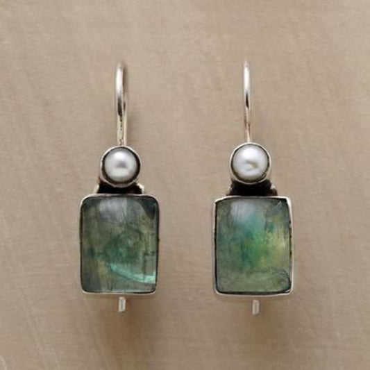Vintage Green Stone Inlay Pearl Earrings