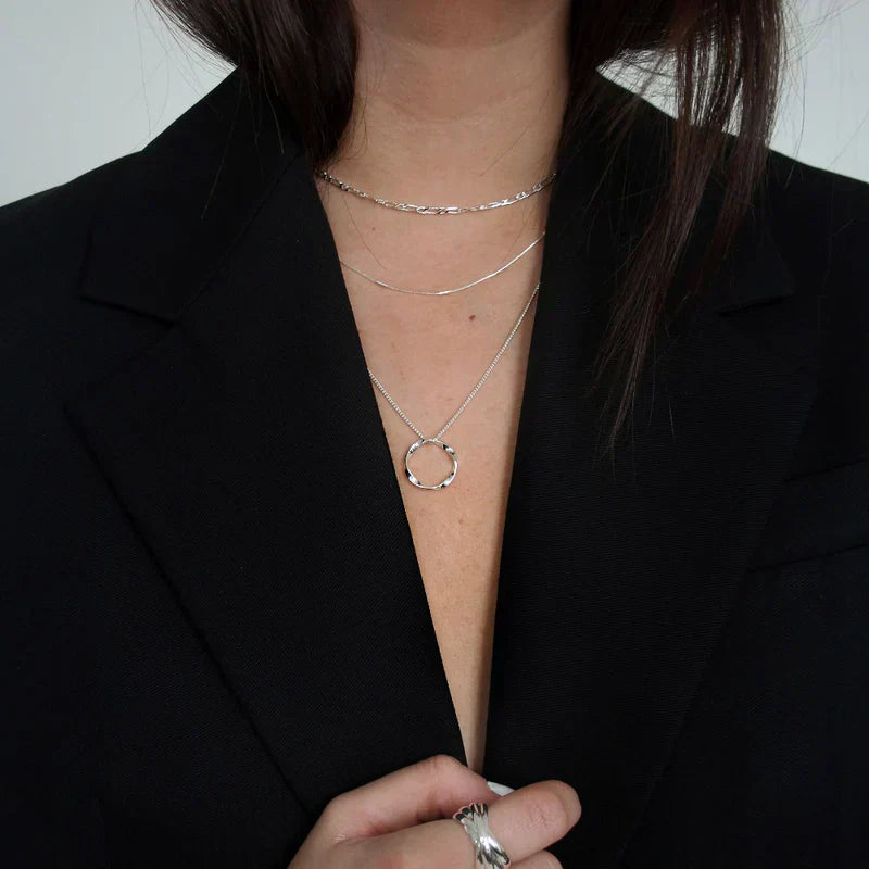 Open Circle Necklace with Three Rows | White Gold