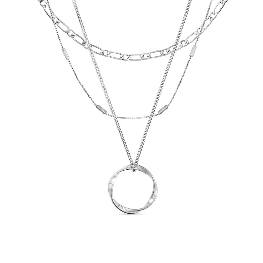 Open Circle Necklace with Three Rows | White Gold