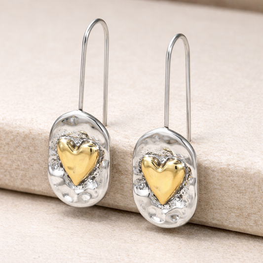 Vintage Golden Heart Silver Earrings