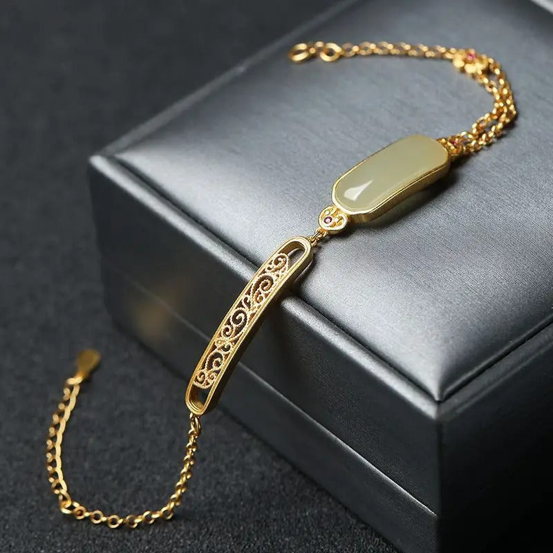 Classic Gold Green Gem & Floral Filigree Accent Bracelet