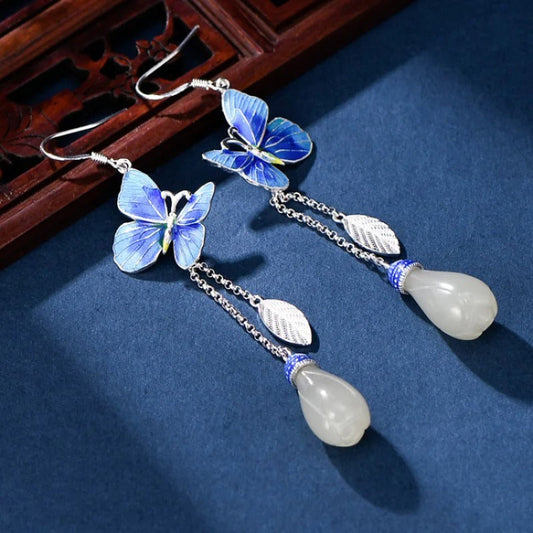 Vintage Silver & Tassel Blue Butterfly Earrings