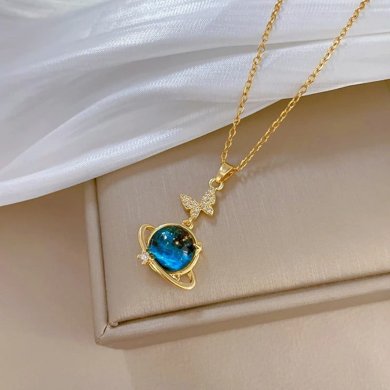 Vintage Gold Planet & Butterfly Pendant Necklace