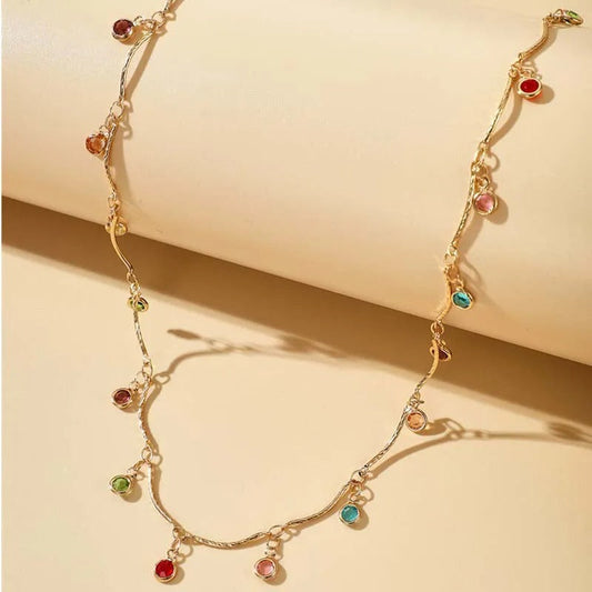 Gold Vibrant Colored Stones & Twisted Chain Necklace